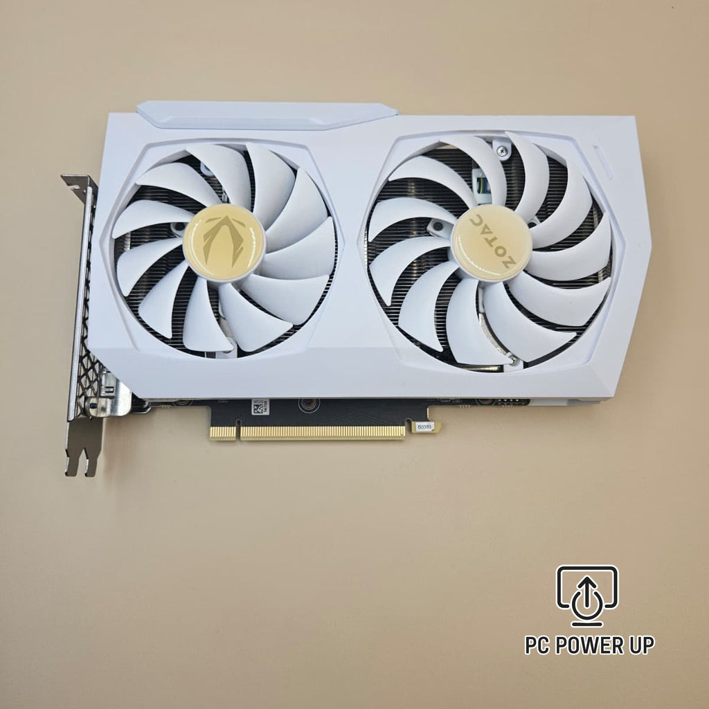 White ZOTAC gaming graphics card with two cooling fans and metal backplate