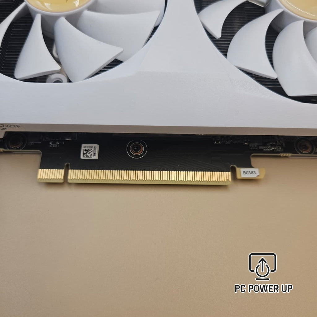 White graphics card PCIe edge connector with gold contacts and nearby ports