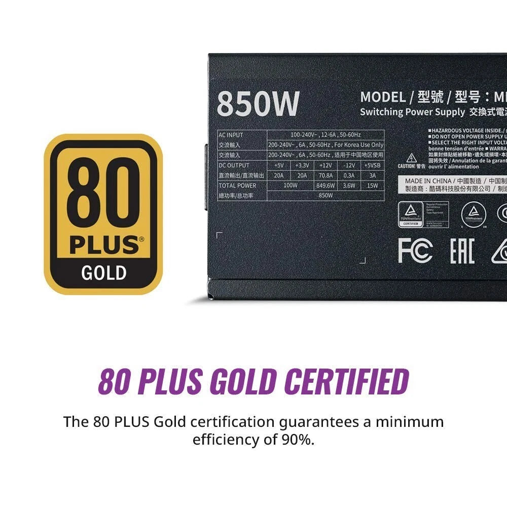 Cooler Master MWE 850 Gold V2 Fully Modular PSU (UK Plug) - 80 PLUS Gold 850W Power Supply Unit, Flat Black Cabling, 120mm HDB Fan - NEW & SEALED