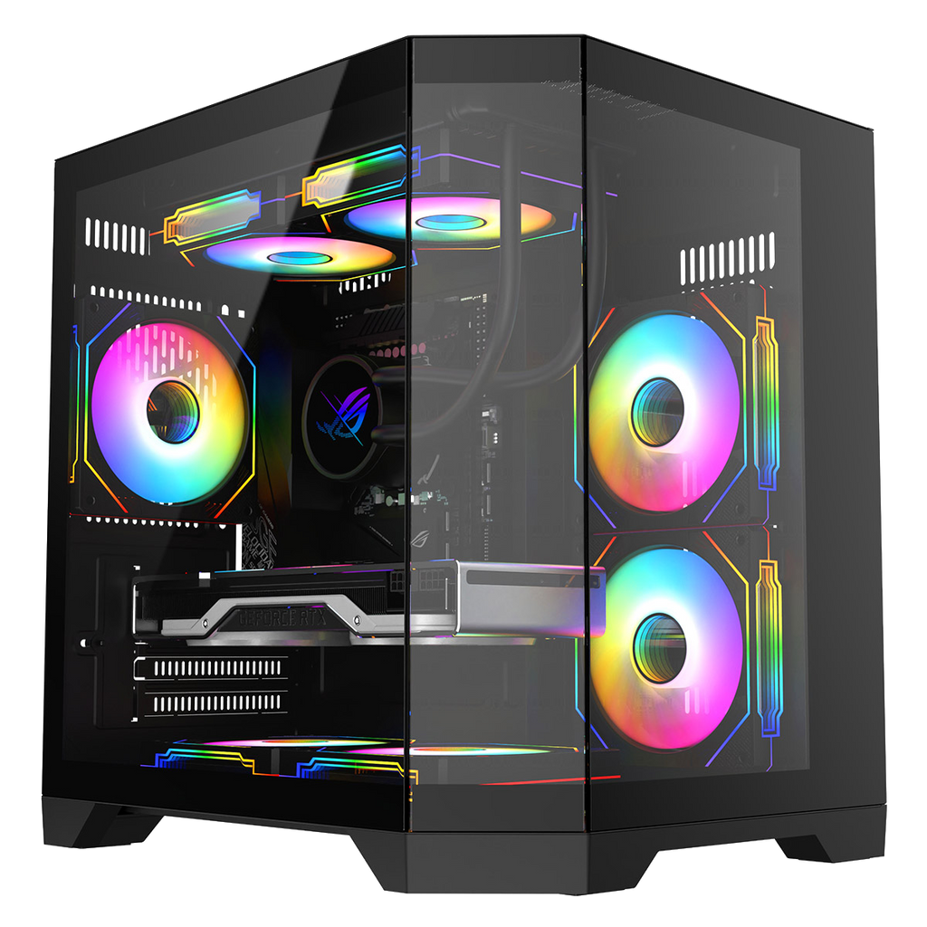 Black micro tower gaming case interior with four RGB fans and cable routing cutouts