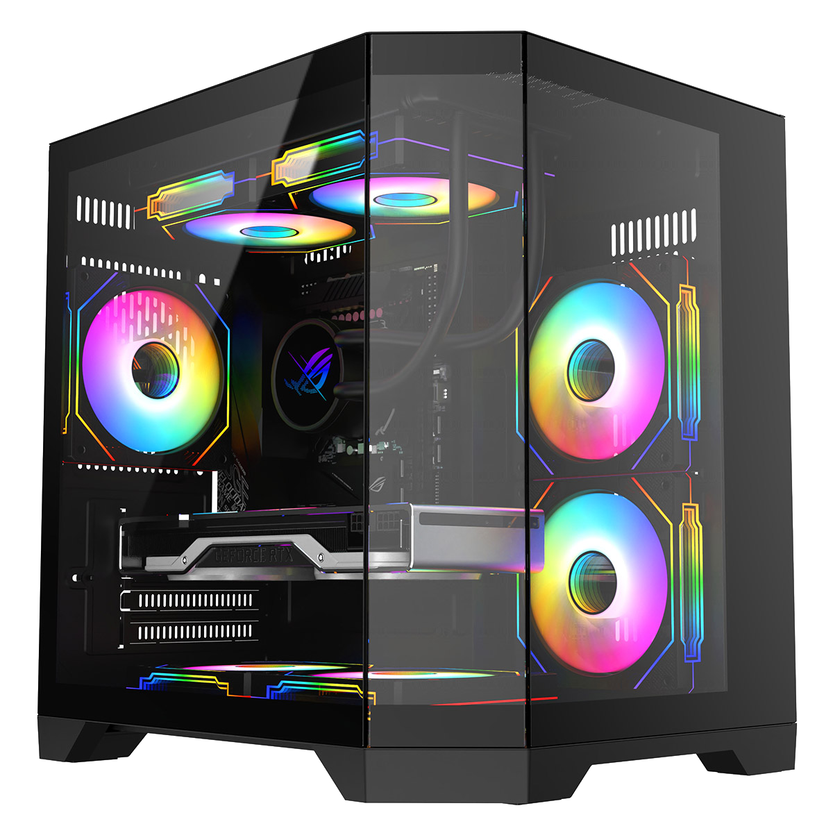 Black micro tower gaming case interior with four RGB fans and cable routing cutouts
