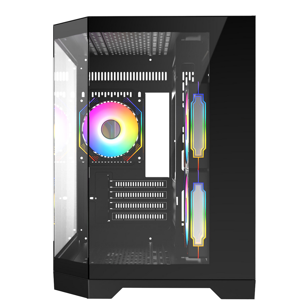 Black micro tower gaming case front open, showing two RGB fans and expansion slots