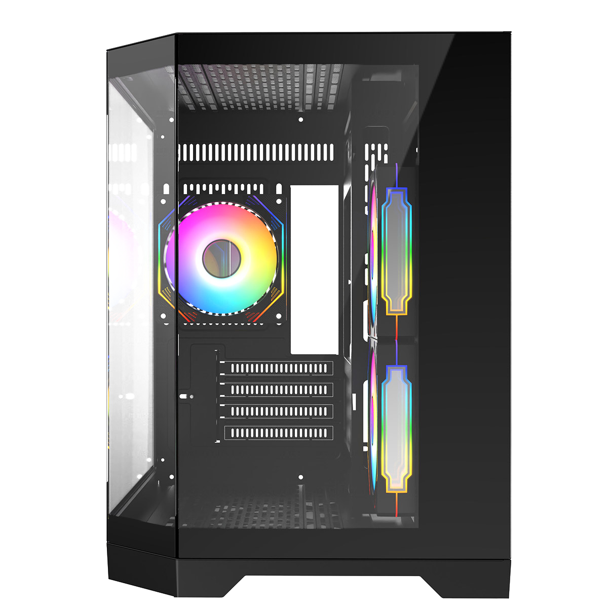 Black micro tower gaming case front open, showing two RGB fans and expansion slots
