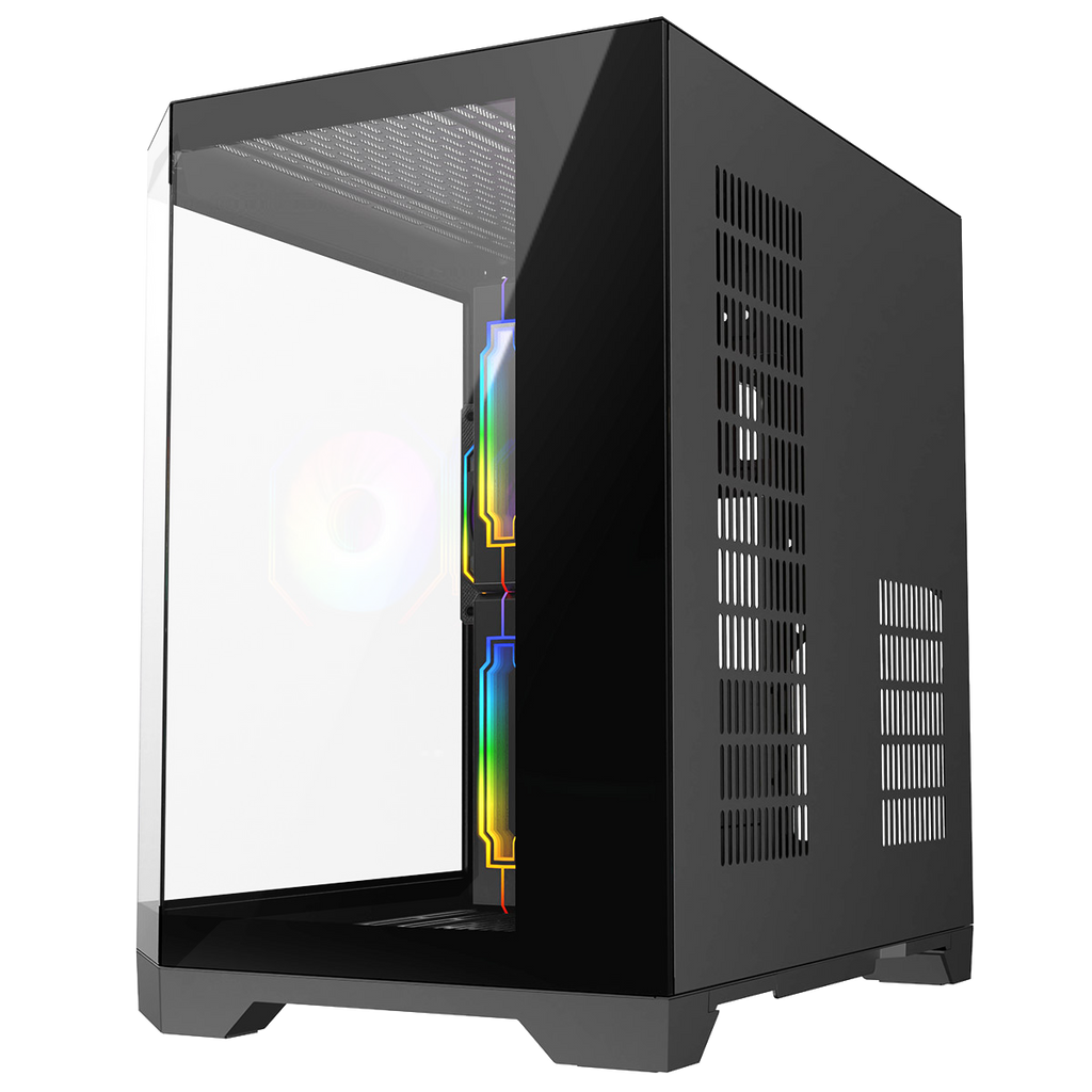 Black micro tower gaming case with left tempered glass panel open, RGB fan glow visible