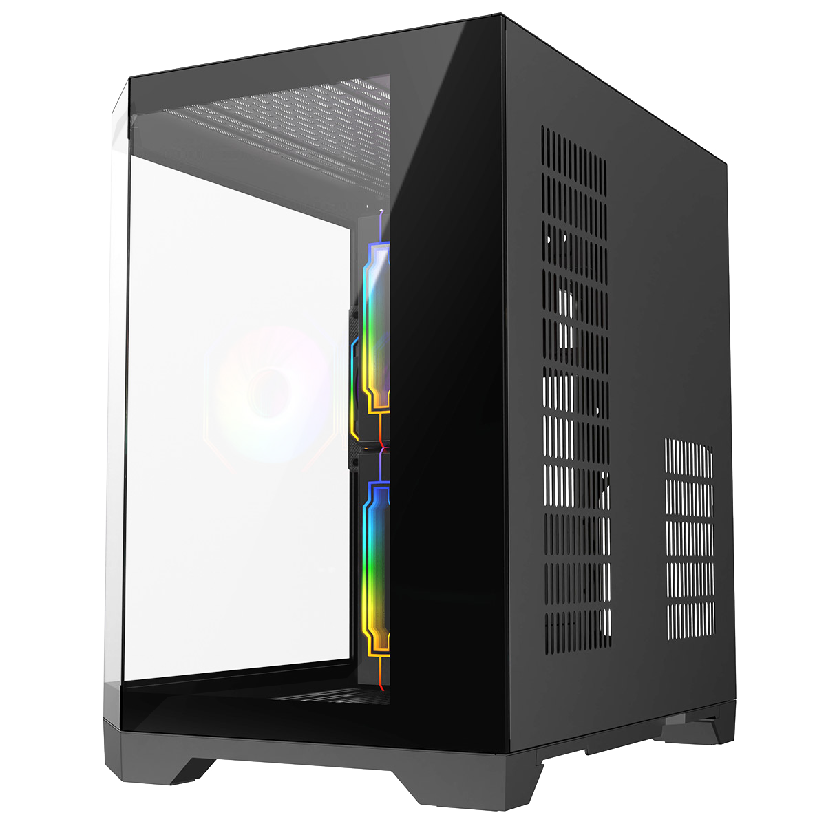Black micro tower gaming case with left tempered glass panel open, RGB fan glow visible