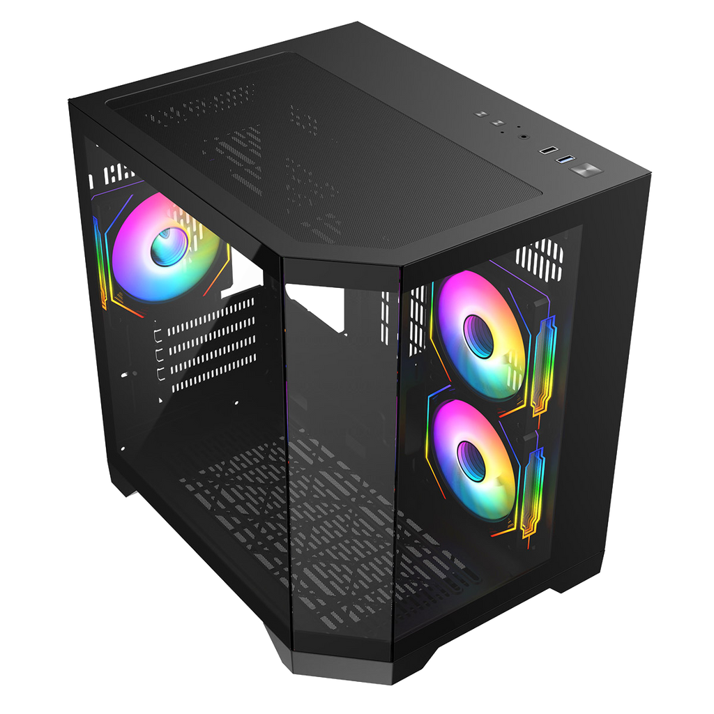 Black micro tower gaming case cube design with mesh ventilation and two RGB fans