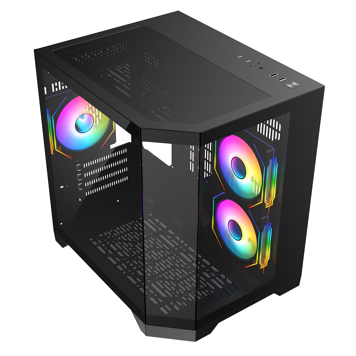 Black micro tower gaming case cube design with mesh ventilation and two RGB fans