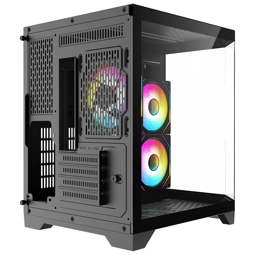 Black micro tower gaming case with side panel open, showing two RGB fans and mesh vents