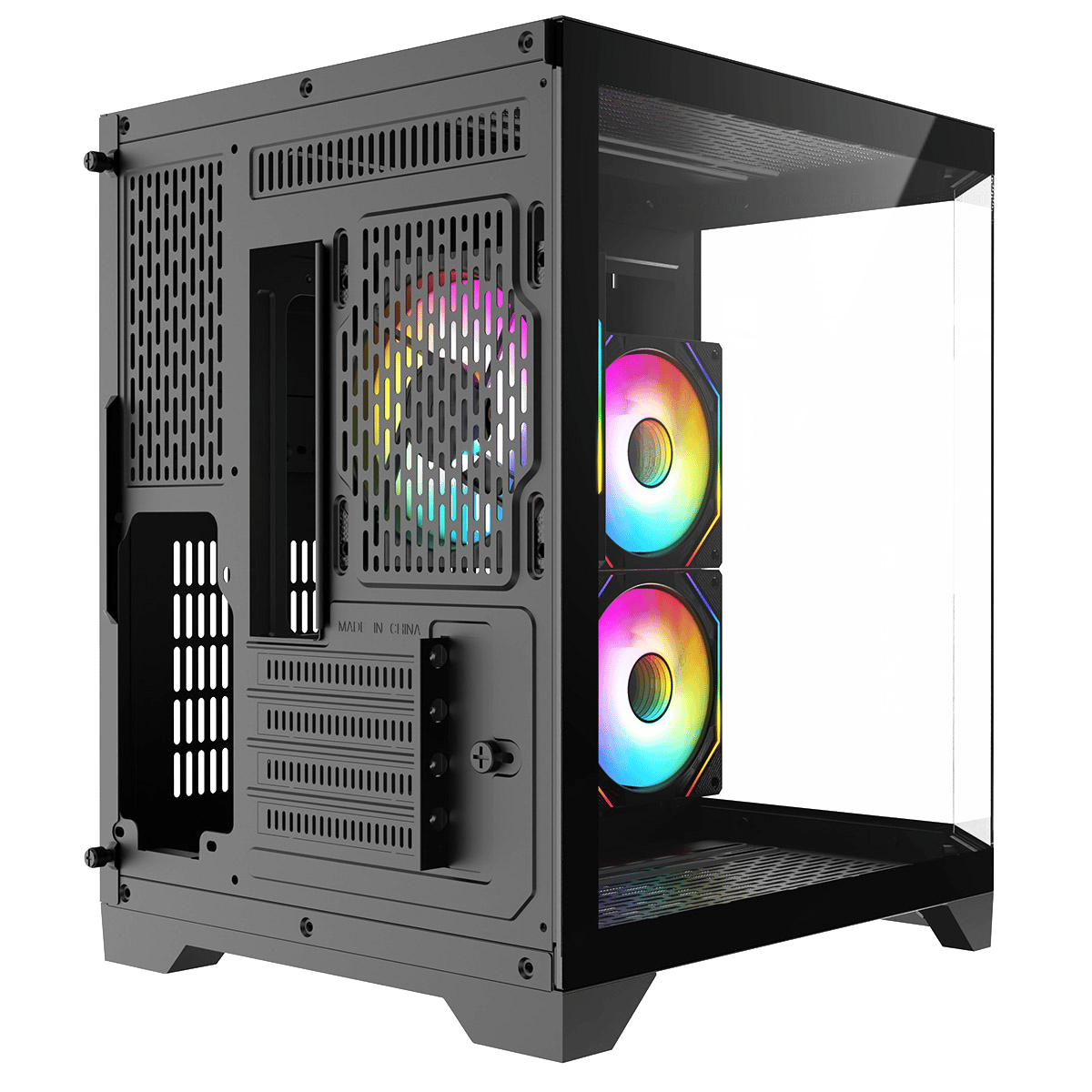 Black micro tower gaming case with side panel open, showing two RGB fans and mesh vents
