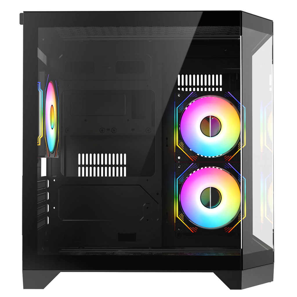 Black micro tower gaming case with open side, two RGB fans visible through front area