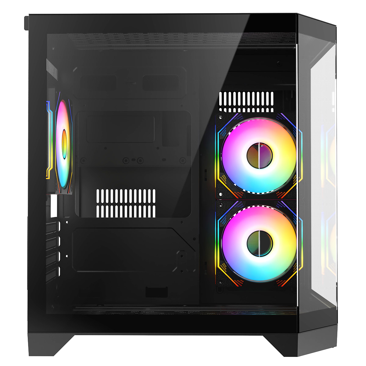Black micro tower gaming case with open side, two RGB fans visible through front area