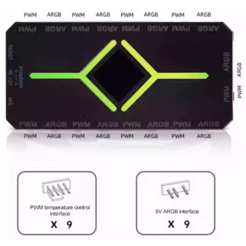 ARGB Fan Control Hub – 9‑Port PWM 5V with Lighting Controller and Magnetic Mount - Black