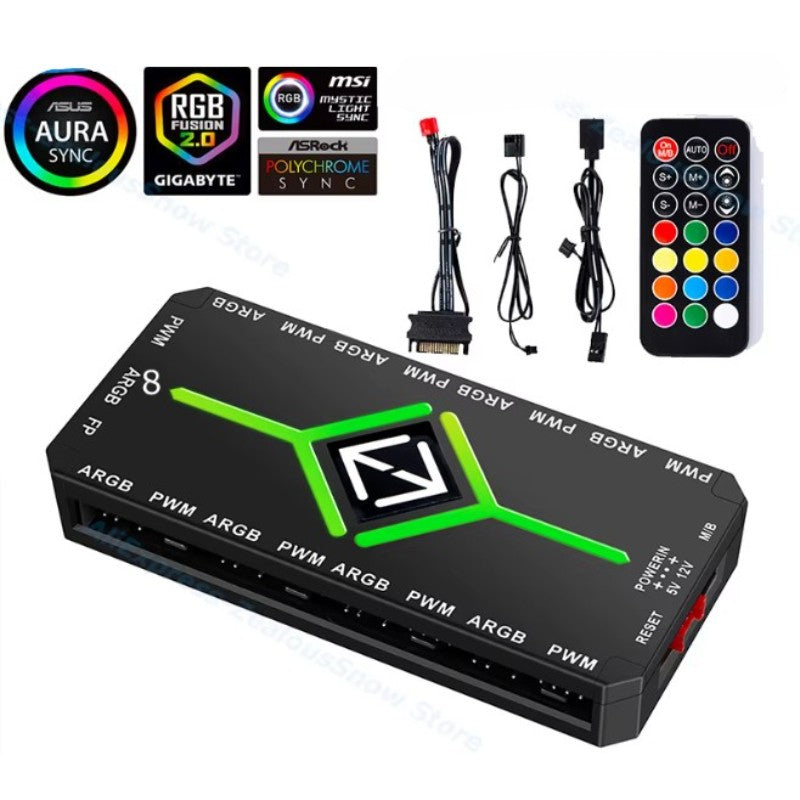 ARGB Fan Control Hub – 9‑Port PWM 5V with Lighting Controller and Magnetic Mount - Black