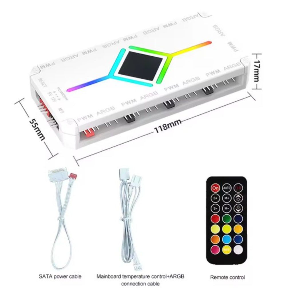 ARGB Fan Control Hub – 9‑Port PWM 5V with Lighting Controller and Magnetic Mount - White