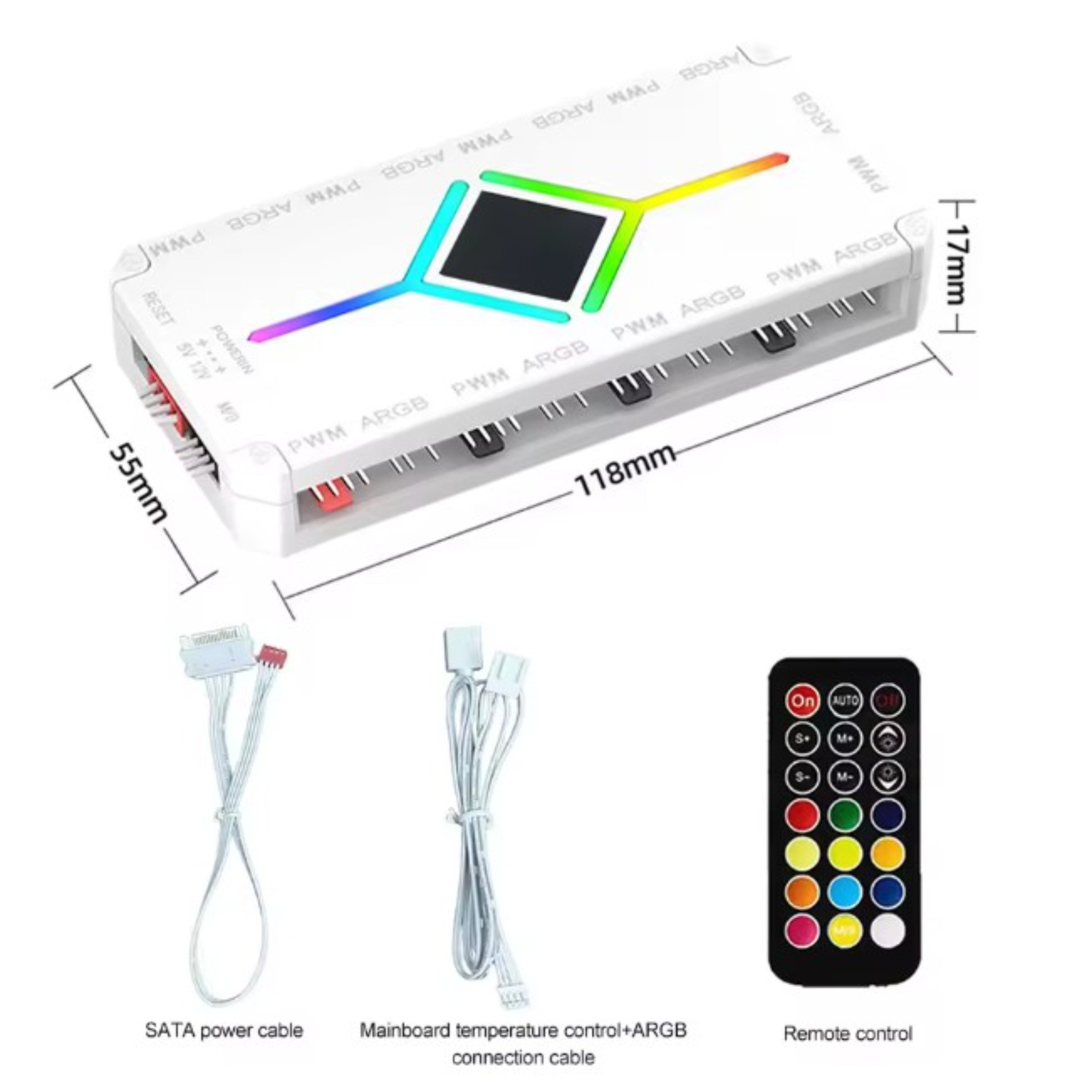 ARGB Fan Control Hub – 9‑Port PWM 5V with Lighting Controller and Magnetic Mount - White