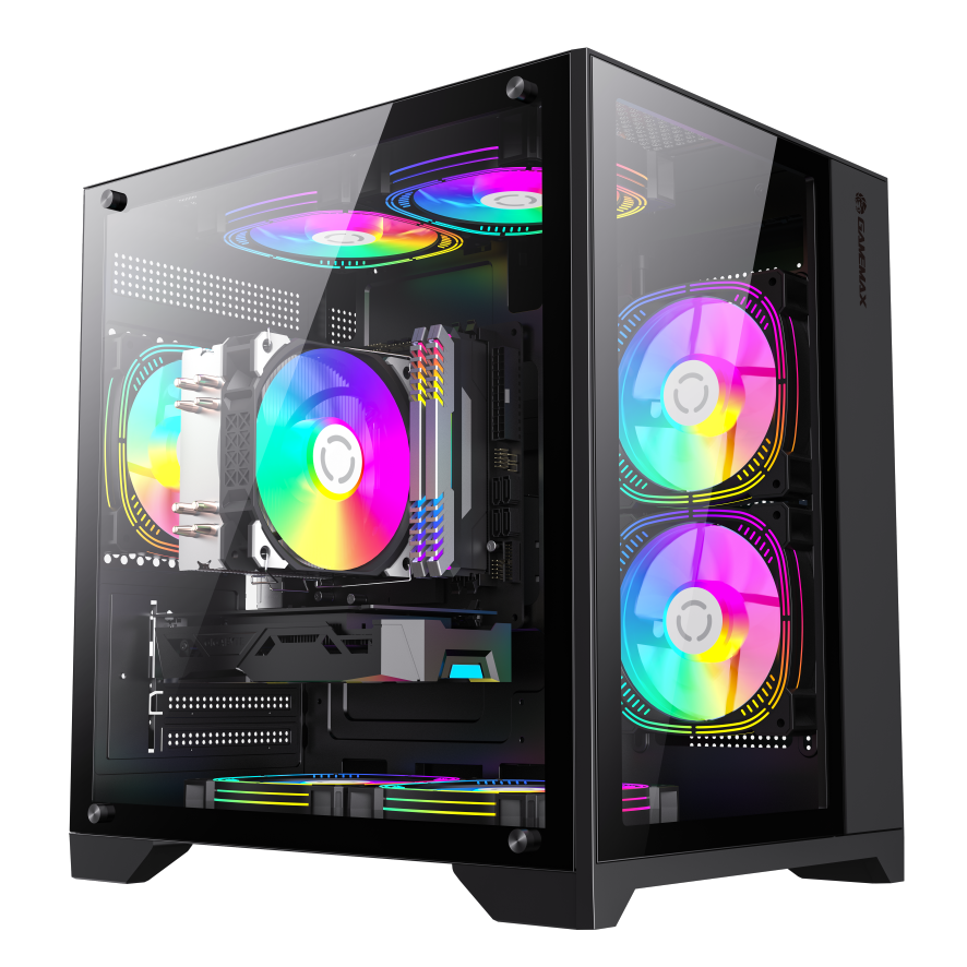 Mini micro-ATX PC case with open side view and RGB fan array on both panels
