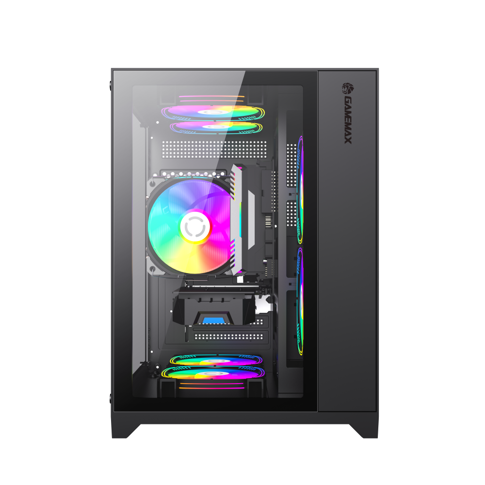 Mini micro-ATX PC case with dark tempered glass side panel and front RGB fans visible