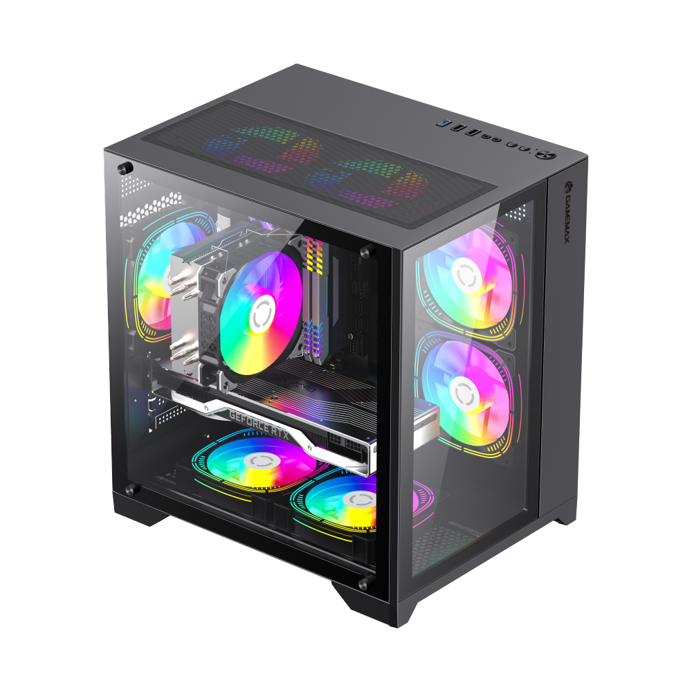 Mini micro-ATX PC case with open frame view, RGB fans, and tempered glass side panels