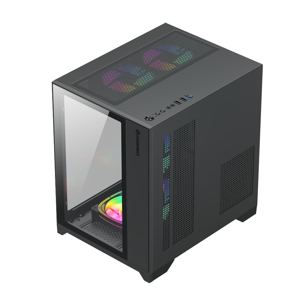 Mini micro-ATX PC case with dark mesh front, tinted tempered glass side, and RGB fan light