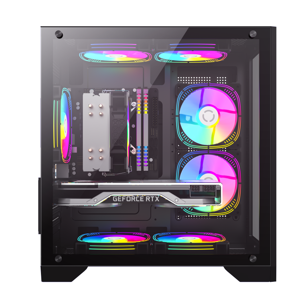 Mini micro-ATX PC case with tempered glass front panel and RGB cooling fans installed