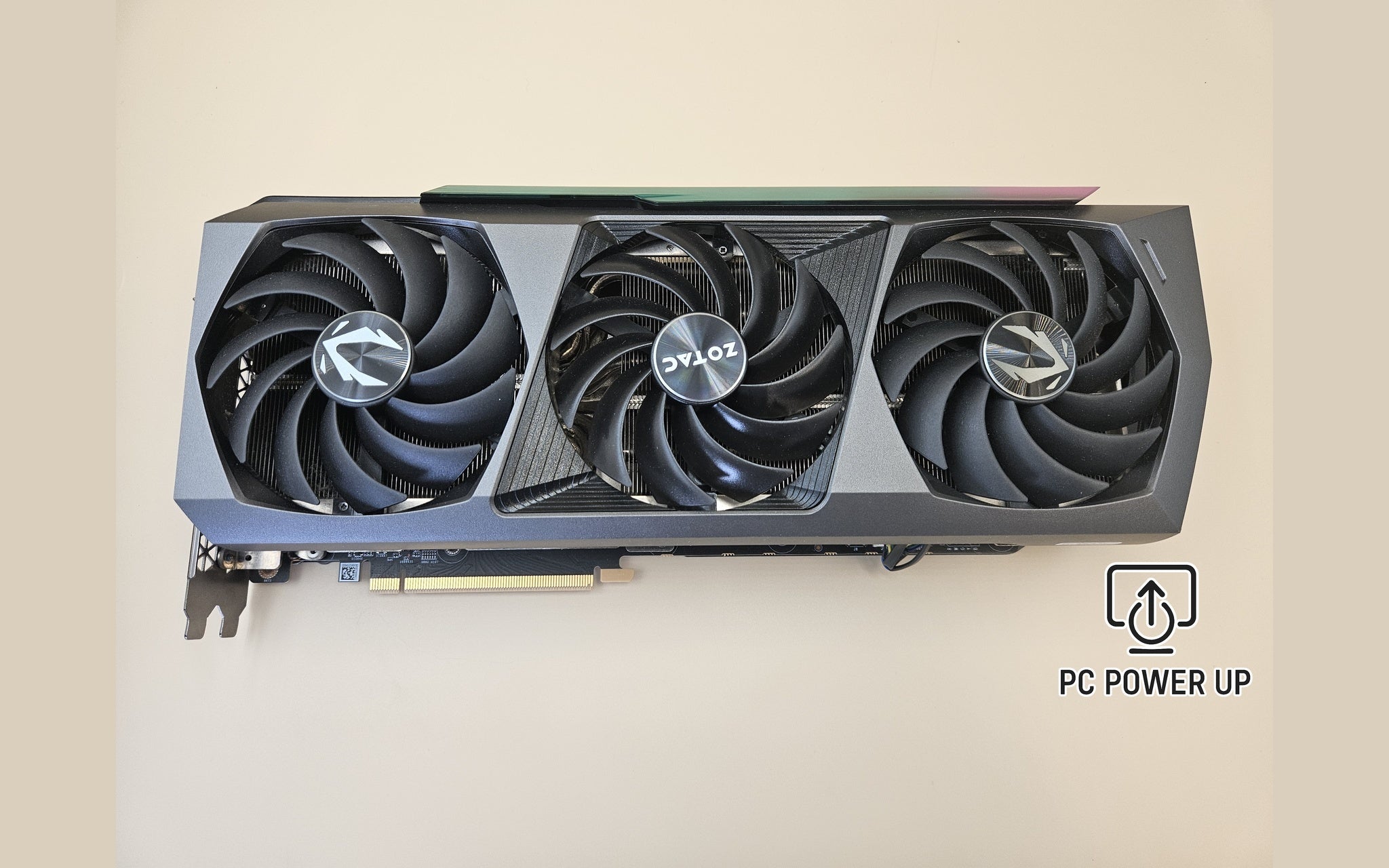 ZOTAC GeForce RTX graphics card front view with three black fans and center logo