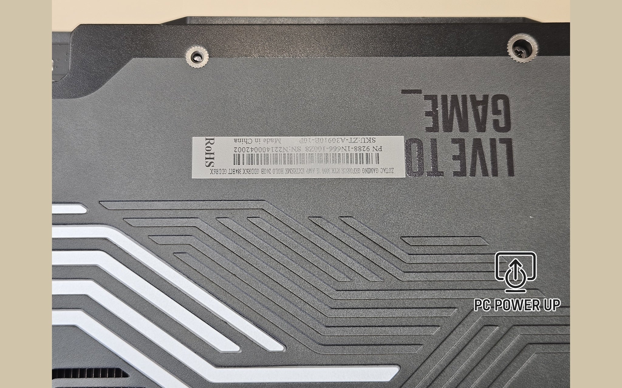 ZOTAC GeForce RTX graphics card backplate close-up with textured vent lines