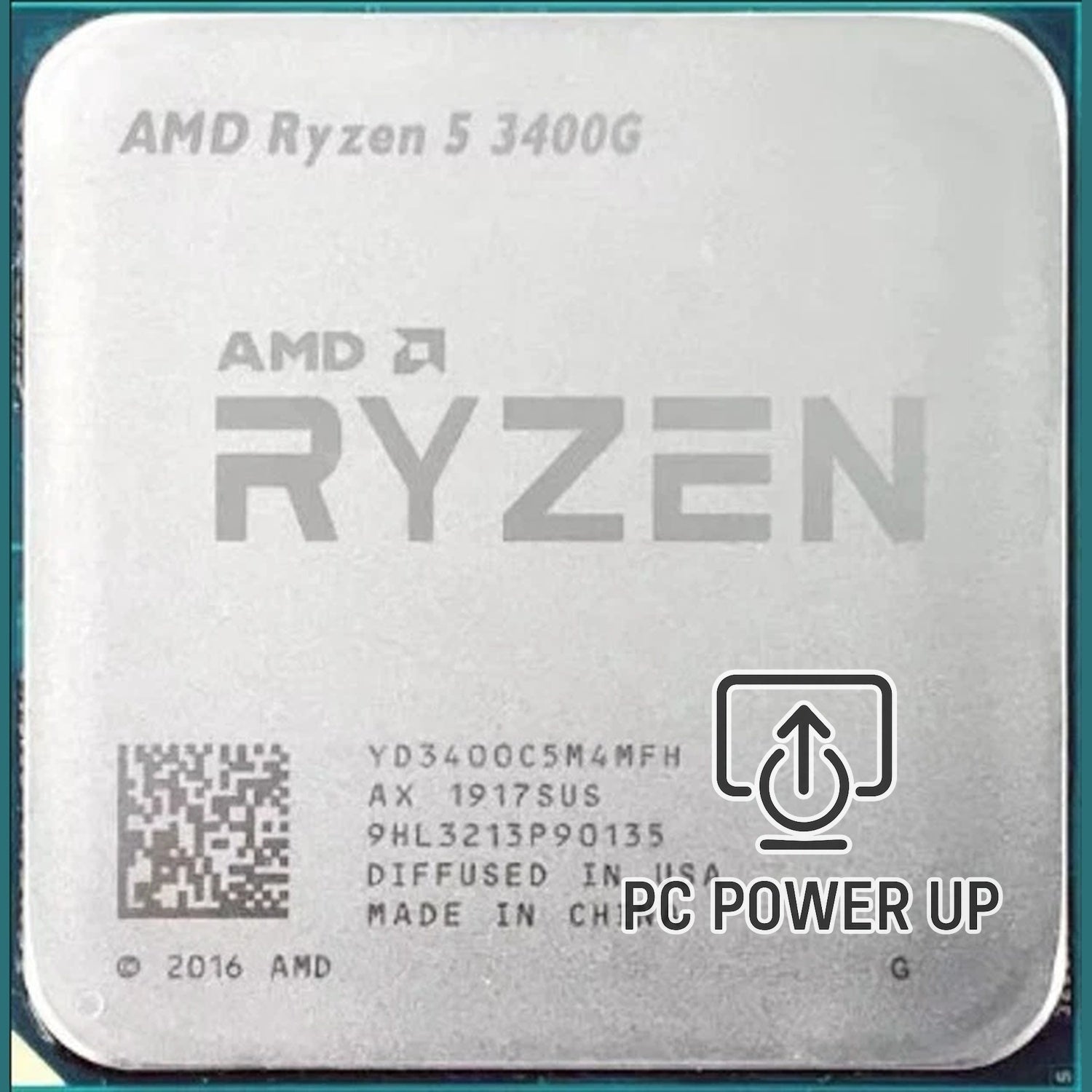 AMD Ryzen 5 3400G processor top label with QR code and power-up icon
