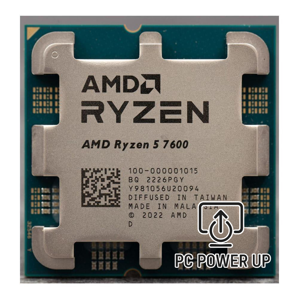 Close-up of an AMD Ryzen 5 7600 Processor (6‑Core, Zen 4, AM5) chip, highlighting the model number and production details with a PC Power Up icon in the bottom right corner. This processor represents cutting-edge performance for the advanced AM5 platform.