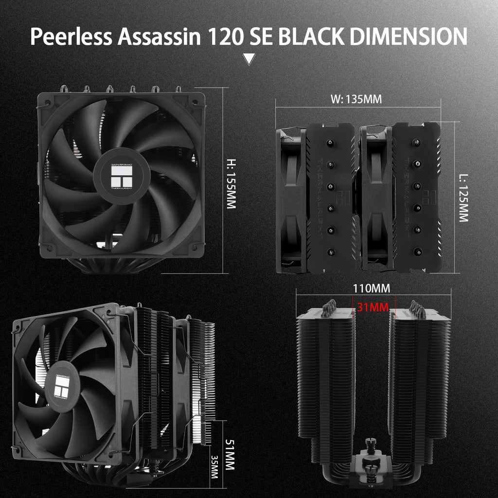 Thermalright Peerless Assassin 120 SE Black CPU Cooler (Dual Tower, 6 Heat Pipes, AMD Ryzen AM4/AM5 & Intel Core LGA1700/1200/115X)