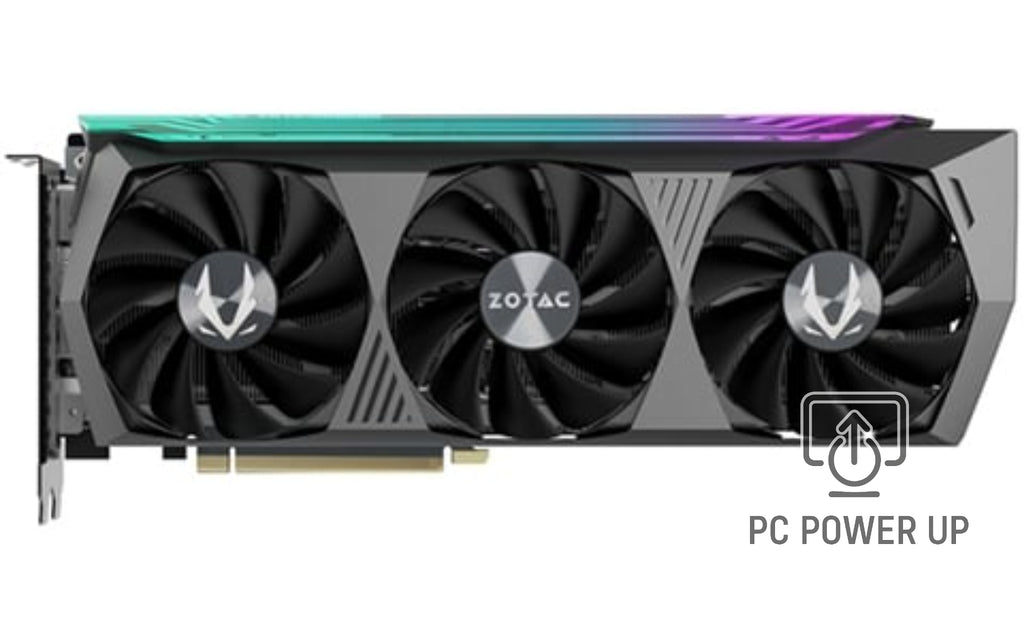 ZOTAC GeForce RTX graphics card with three black cooling fans and teal-purple edge trim