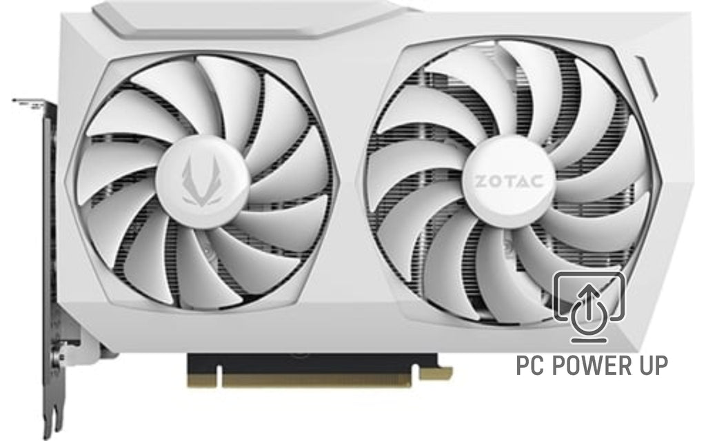 White ZOTAC dual-fan graphics card with two large circular fan hubs